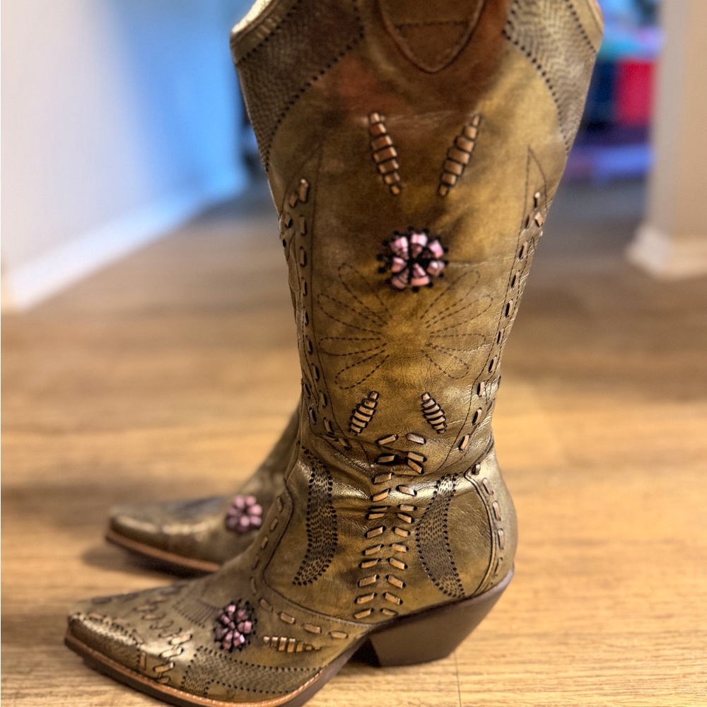 BCBGirls Olive Western Embroidered Knee-High Boots with Pink Accents